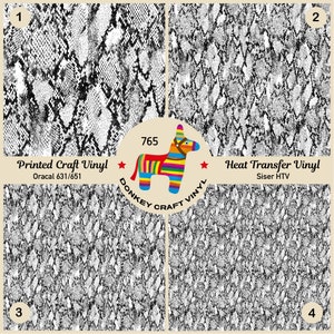 May include: Four samples of snake skin patterned vinyl. The top left and bottom left are printed craft vinyl. The top right and bottom right are heat transfer vinyl. A colourful donkey piñata is in the centre.