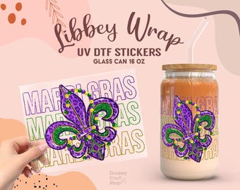 Mardi Gras UV Dtf Sticker, Ready to Transfer, Libbey Glass Can Wrap, UV Dtf Cup Wrap, UV Dtf Transfers, Tumbler Uv Sticker UV078