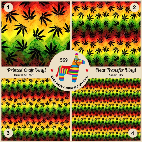 Rastafari Marijuana Cannabis Leaves Printed HTV, Patterned HTV, Glitter HTV, Puff Heat transfer Vinyl,  Adhesive Craft Vinyl 569