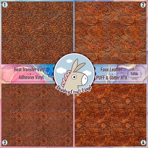 May include: Four samples of embossed faux leather vinyl in brown with a floral pattern. The top left sample is labeled "Heat Transfer Vinyl Adhesive Vinyl". The top right sample is labeled "Faux Leather PUFF & Glitter HTV 1654".