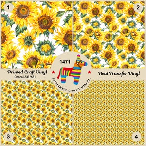May include: Four different sunflower patterns are displayed, including a close-up of large sunflowers and a repeating pattern of smaller sunflowers. The text "Printed Craft Vinyl" and "Heat Transfer Vinyl" is included, along with the text "Donkey Craft Vinyl" and the number "1471".