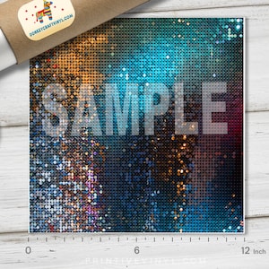 May include: A square sheet of vinyl with a shimmering, sequined design in shades of gold, blue, and purple. The word "SAMPLE" is printed across the center in a semi-transparent white font. The sheet measures 12 inches across.