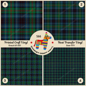 May include: Four samples of tartan vinyl patterns in green, blue, and black. The image includes text labels for "Printed Craft Vinyl" and "Heat Transfer Vinyl", a colourful donkey logo, and the number "566".