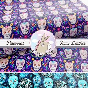 May include: Purple faux leather fabric with a repeating pattern of colorful sugar skulls and floral designs.  The fabric is patterned with a sugar skull design.  The fabric is also available in a blue color.