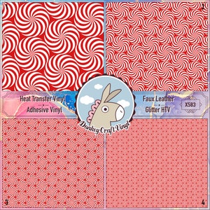 May include: Four red and white swirl patterned squares with the text "Heat Transfer Vinyl Adhesive Vinyl" and "Faux Leather Glitter HTV X583" in the center. The text is surrounded by a cartoon donkey with clouds.