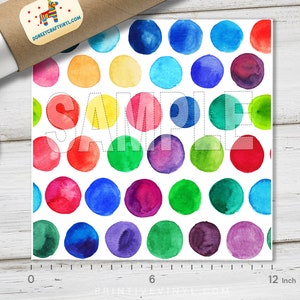 May include: A square print featuring a watercolor pattern of colorful polka dots in shades of red, orange, yellow, green, blue, and purple. The word "SAMPLE" is printed across the image. The print measures approximately 12 inches.