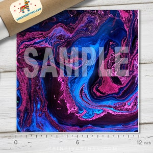 May include: A square print with a swirling abstract design in shades of blue, purple, and pink. The word "SAMPLE" is overlaid on the design. The print is approximately 12 inches wide. A rolled-up poster and a lid are in the background.