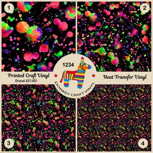 May include: Four black squares with a colorful splatter paint design. The squares are labeled 1, 2, 3, and 4. The text "Printed Craft Vinyl" and "Oracal 631/651" are in the top left square. The text "Heat Transfer Vinyl" is in the top right square. A colorful donkey with the text "1234" and "DONKEY CRAFT VINYL" is in the center of the image.
