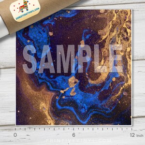 May include: Square print with a swirling abstract design in shades of blue, gold, and black. The word "SAMPLE" is printed across the center. The print is approximately 12 inches wide.