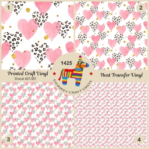 Peut inclure: Quatre motifs différents de cœurs roses avec des paillettes dorées et un imprimé léopard sur fond blanc. Les motifs sont numérotés de 1 à 4. Le texte "Printed Craft Vinyl Oracal 631/651" est en bas du premier motif. Le texte "Heat Transfer Vinyl" est en bas du deuxième motif. Le texte "1425 DONKEY CRAFT VINYL" est au centre de l'image.