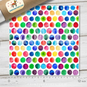 May include: A colorful polka dot pattern with watercolor effect, featuring a repeating pattern of vibrant circles in red, orange, yellow, green, blue, and purple. The word "SAMPLE" is faintly visible. The pattern is approximately 12 inches wide.