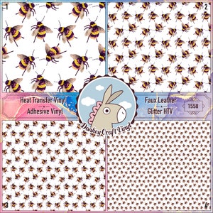 May include: Four sheets of white vinyl with a repeating pattern of yellow and black bumblebees. The top left sheet is labeled "Heat Transfer Vinyl Adhesive Vinyl". The top right sheet is labeled "Faux Leather Glitter HTV 1558". The bottom left sheet is labeled "3" and the bottom right sheet is labeled "4".