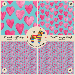 May include: Four squares of blue fabric with a pink watercolor heart pattern. The top left square is labeled "1" and says "Printed Craft Vinyl Oracal 631/651". The top right square is labeled "2" and says "Heat Transfer Vinyl Siser HTV". The bottom left square is labeled "3". The bottom right square is labeled "4". In the center of the image is a colorful donkey piñata with the text "166 DONKEY CRAFT VINYL".