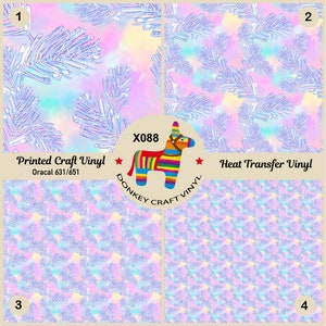 May include: Four sheets of iridescent holographic vinyl with a repeating pattern of pine needles. The vinyl is available in two types: printed craft vinyl and heat transfer vinyl. The text "Printed Craft Vinyl Oracal 631/651" and "Heat Transfer Vinyl" is printed on the sheets. A donkey pinata with rainbow stripes is in the center of the image.