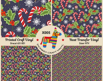 Christmas Decorative Candy Canes Printed HTV, Glitter HTV, Patterned Vinyl, Puff Heat transfer Vinyl,  Adhesive Craft Vinyl- X005