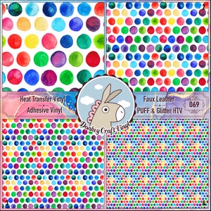 May include: Four colorful patterned vinyl sheets with polka dots in various sizes and colors. The sheets include heat transfer vinyl, adhesive vinyl, faux leather, and glitter HTV. The Donkey Craft Vinyl logo is in the center.