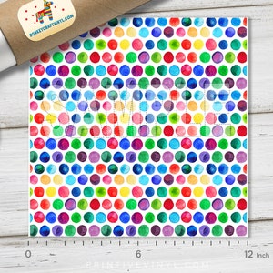 May include: A square sheet of colorful polka dot vinyl with a repeating pattern of watercolor circles in various colors. The sheet measures 12 inches across. The word "SAMPLE" is printed across the center of the sheet.