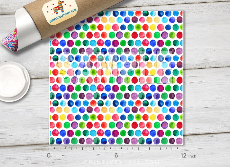 May include: A square sheet of colorful polka dot vinyl with a repeating pattern of watercolor circles in various colors. The sheet measures 12 inches across. The word "SAMPLE" is printed across the center of the sheet.