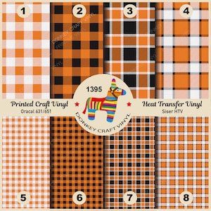 May include: Eight patterned vinyl sheets in orange, black, and white gingham and plaid designs are displayed. The image includes the text "Printed Craft Vinyl" and "Heat Transfer Vinyl" with the brand name "Donkey Craft Vinyl" and a colorful donkey logo.