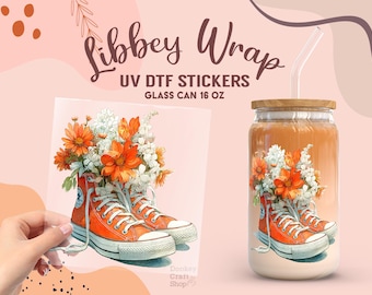 Floral Sneaker UV Dtf Sticker, Ready to Transfer, Libbey Glass Can Wrap, UV Dtf Cup Wrap, UV Dtf Transfers, Tumbler Uv Sticker UV177