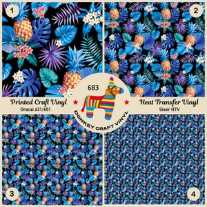 May include: Four different patterns of tropical leaves, pineapples, and flowers on a black background. The patterns are labeled 1, 2, 3, and 4. The text "Printed Craft Vinyl Oracal 631/651" is below pattern 1. The text "Heat Transfer Vinyl Siser HTV" is below pattern 2. The text "683 DONKEY CRAFT VINYL" is in the center of the image.