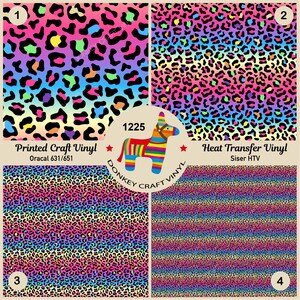 May include: Four colorful leopard print vinyl sheets with a rainbow gradient. The top two sheets are labeled "Printed Craft Vinyl" and "Heat Transfer Vinyl". The bottom two sheets are labeled with numbers "3" and "4".