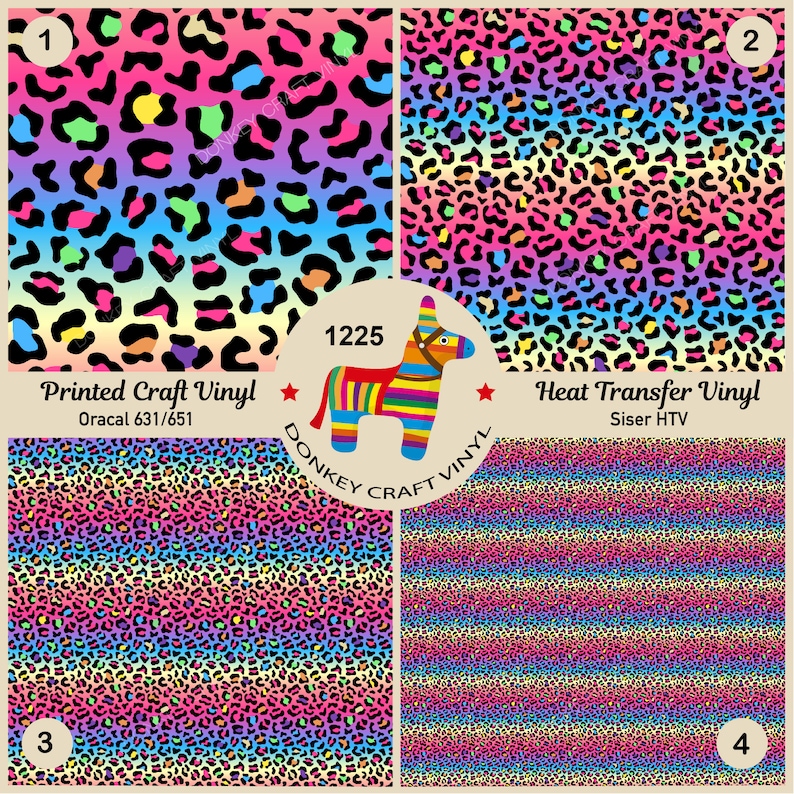 May include: Four colorful leopard print vinyl sheets with a rainbow gradient. The top two sheets are labeled "Printed Craft Vinyl" and "Heat Transfer Vinyl". The bottom two sheets are labeled with numbers "3" and "4".