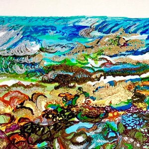May include: Abstract painting of a seascape with blue, green, and gold colors. The painting is done in a loose, gestural style, with swirling lines and shapes.