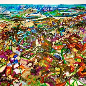 May include: Abstract painting of a rocky seascape with a blue, green, and white wave in the background. The foreground is a close-up of the rocks with a variety of colors, including brown, orange, yellow, green, purple, and black.