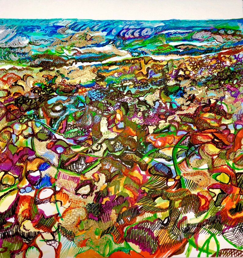 May include: Abstract painting of a rocky seascape with a blue, green, and white wave in the background. The foreground is a close-up of the rocks with a variety of colors, including brown, orange, yellow, green, purple, and black.