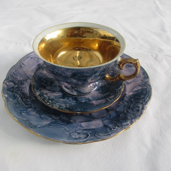 Sammeltasse, blau, gold,  Porzellan, Kaffeegedeck, Tasse, Teller, vintage, exklusiv,