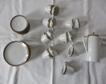 Seltmann Weiden, coffee service, Monika, gold rim with blue, goldenrod, vintage, plates, cups, coffee pot, milk, sugar