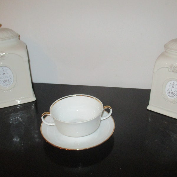 Consommé de tasse, soucoupe Eschenbach, allemande, porcelaine garniture de plaque bavaroise vintage or blanc