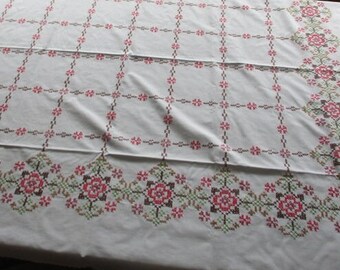 Nappe, brodée, fait main, bordure, fleurs, vintage, rétro, rare