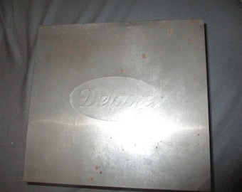 antique tin, biscuit tin, by Delacre, large, French, silver, vintage, rust, patina, kitchen