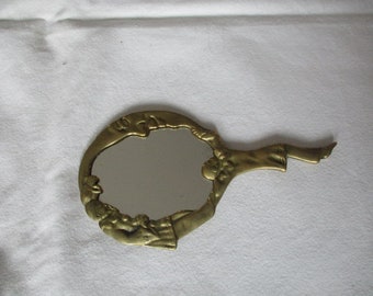 Hand mirror, brass, Art Nouveau, Pierrot, Harlequin, moon, stars, back decorated