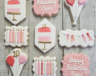 Pink Birthday Cookies, Girl Party Favors, Edible Glitter, 1 Dozen