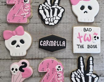 Bad to the Bone 2nd Birthday Cookies, Rocker Party Favors, Skulls, Bones (1 Dozen)