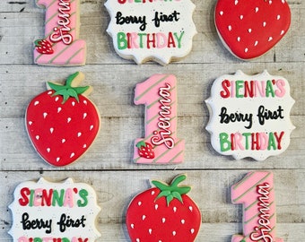 Berry 1st Birthday Cookies, Strawberry Theme, Sweet One, 1 dozen