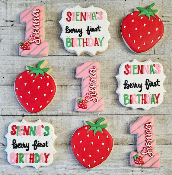 Berry 1st Birthday Cookies, Strawberry Theme, Sweet One, 1 dozen