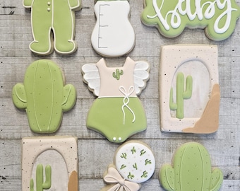 Western Baby Shower Cookies, Green Cactus Theme, 1 Dozen Iced Cookies