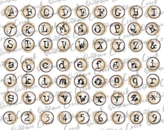 May include: A set of vintage typewriter keys featuring letters, numbers, and symbols. The keys are painted in a watercolour style with a beige background and black lettering.