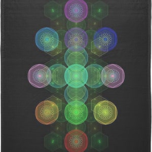 Puede incluir: Un patrón geométrico colorido con círculos y hexágonos superpuestos. El patrón recuerda a un árbol de la vida con un círculo central y ramas que se extienden hacia afuera. Los colores son vibrantes e incluyen tonos de verde, azul, rojo, amarillo y morado.