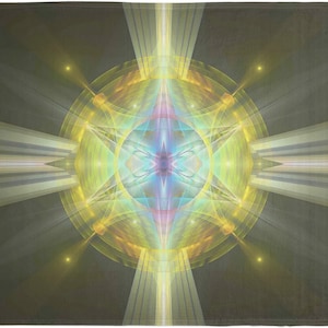 Puede incluir: Diseño geométrico abstracto con una estrella central rodeada de círculos concéntricos en tonos de amarillo, verde, azul y rosa. El fondo es gris oscuro.