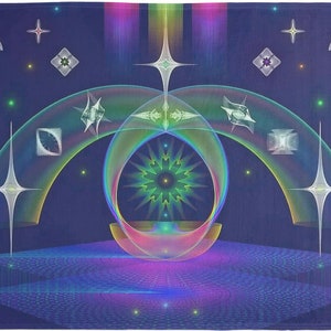 Puede incluir: Una impresión de arte digital que presenta un diseño abstracto colorido con un estallido de estrella central rodeado de estrellas brillantes y arcos. El fondo es azul oscuro.