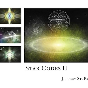 May include: A digital art print featuring a geometric design with a yellow and green background. The title "STAR CODES II" and the artist's name "JEFFERY ST. ROSE" are printed below the image.