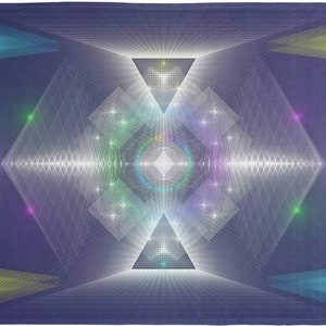 Puede incluir: Patrón geométrico abstracto con una forma de diamante blanco en el centro rodeado de una serie de círculos concéntricos y una cuadrícula de líneas. El fondo es de color morado oscuro con toques de verde, azul y amarillo.