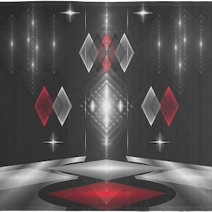 Puede incluir: Diseño geométrico abstracto con fondo negro, formas de diamantes rojos y blancos, y una luz blanca brillante en el centro.