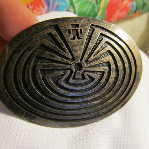Vintage Native American HOPI Sterling Silver Belt Buckle "Man in the Maze" - voor Riemen tot 1 1/2" Breed - Zeer Goede Staat
