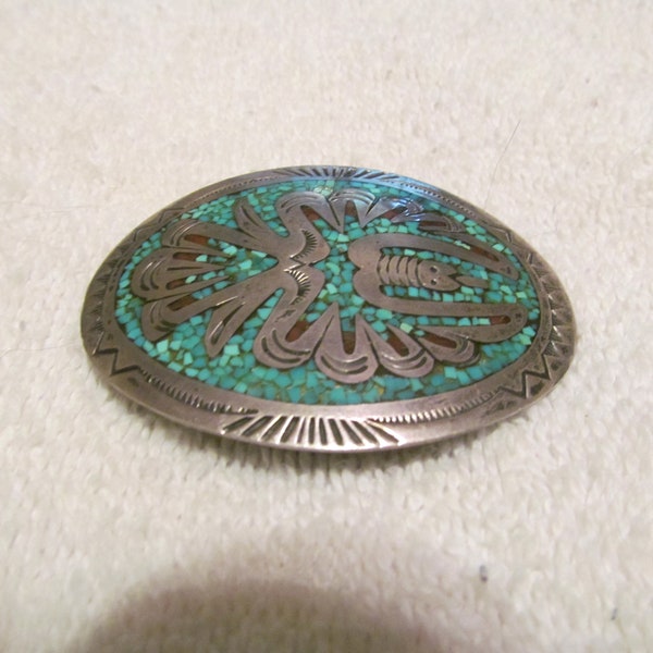Vintage Native American Sterling Silver Turquoise and Coral Inlay Belt Buckle for Up to 1 Inch Wide Belts - Very Good Condition